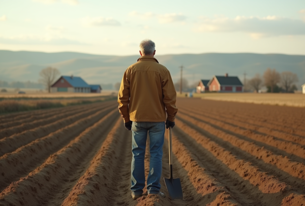 Fermeur au champ labouré avec pelle dans un paysage rural