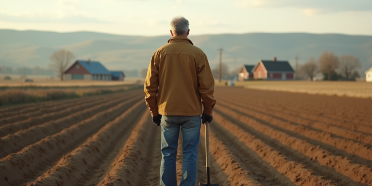 Fermeur au champ labouré avec pelle dans un paysage rural
