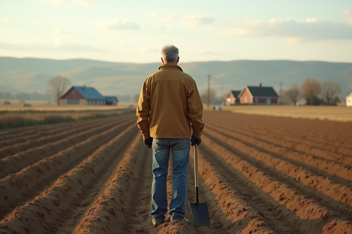 Fermeur au champ labouré avec pelle dans un paysage rural
