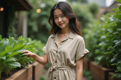 Jeune femme dans un jardin urbain écologique