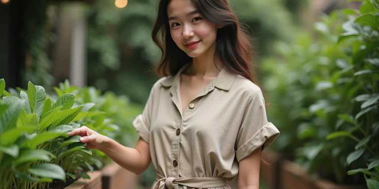 Jeune femme dans un jardin urbain écologique