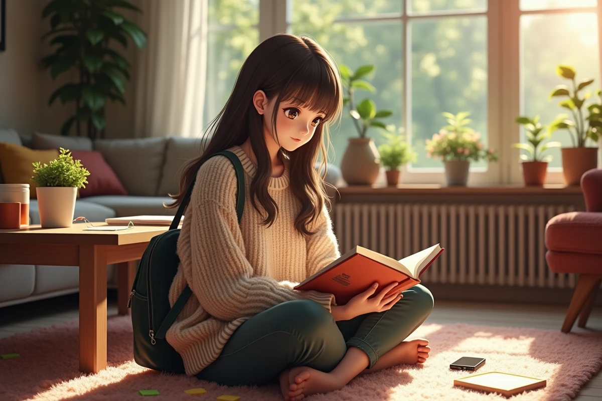 Fille assise sur un tapis avec manga dans un salon chaleureux