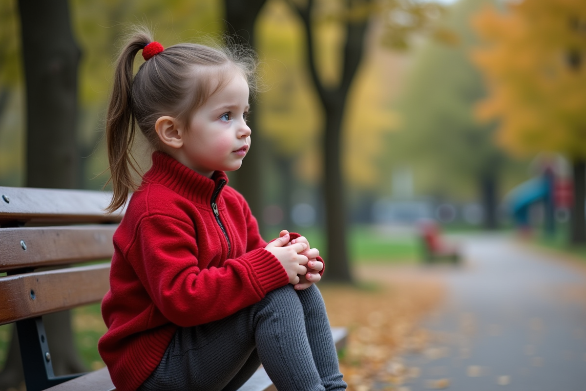 Fille assise sur un banc de parc en pleine réflexion