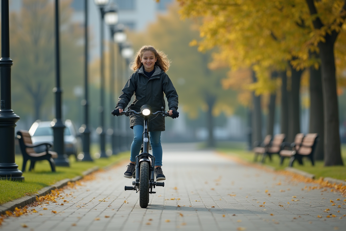 Fille de 17 ans roulant calmement avec une moto dans un parc urbain