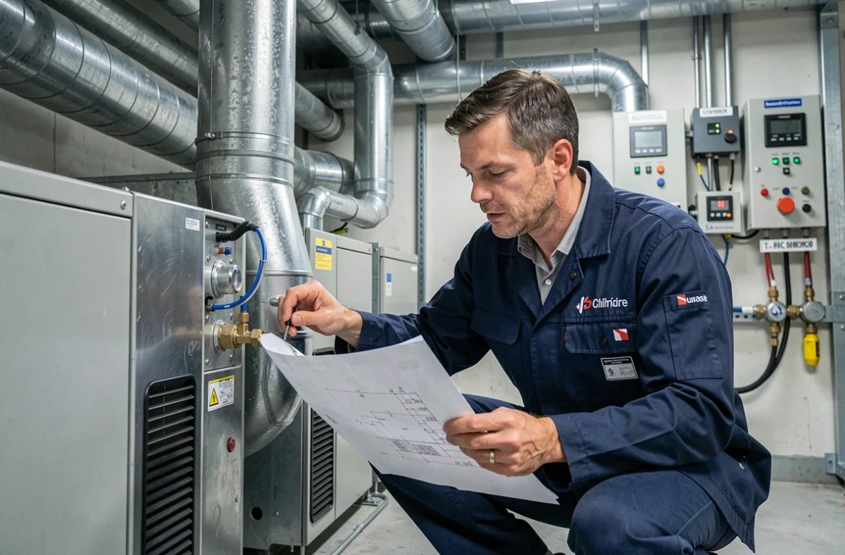 Ingénieur spécialisé en génie climatique inspectant une installation HVAC professionnelle