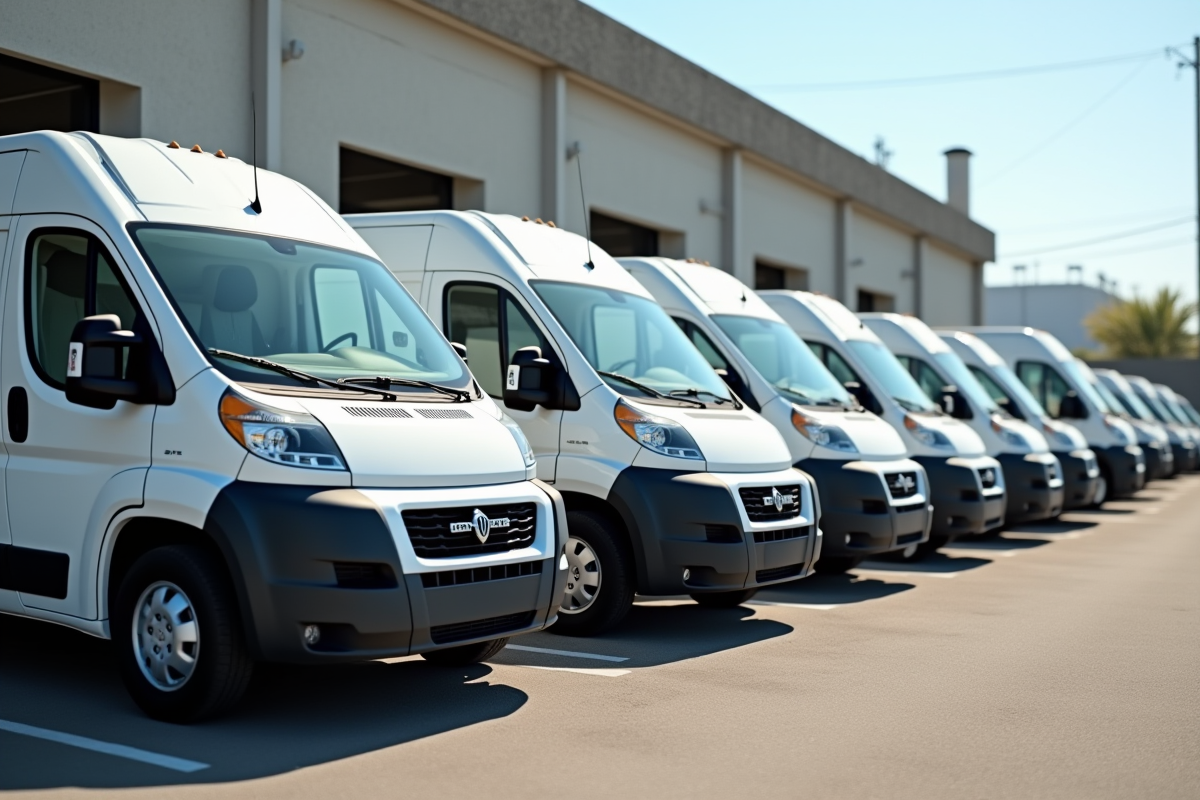 Ligne de cinq fourgons utilitaires en plein jour en extérieur