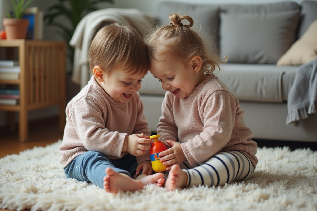 Deux jeunes frères jouent avec un jouet en bois dans le salon