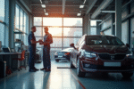 Garage auto lumineux en ville avec mécanicien et client