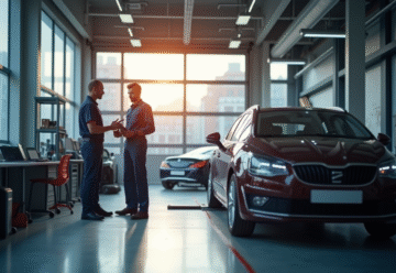 Garage auto lumineux en ville avec mécanicien et client