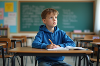 Garçon préadolescent dans une classe en réflexion
