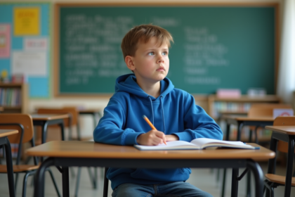 Garçon préadolescent dans une classe en réflexion