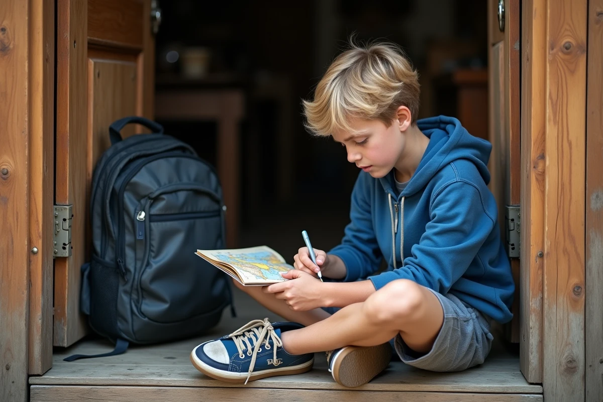 Garçon pensif écrivant dans un journal de voyage devant une porte en bois