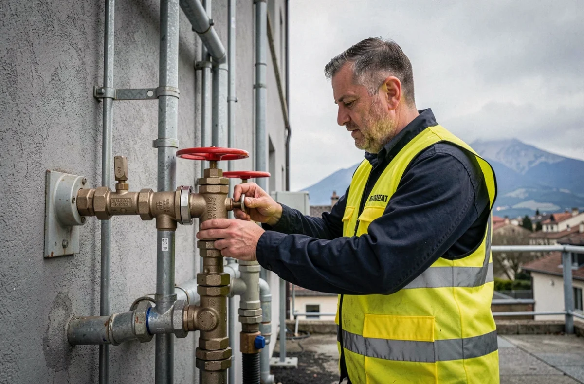 Chauffagiste gaz réglant un régulateur de pression sur une installation extérieure à Clermont-Ferrand