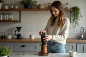 Tasse de café en grain fraîchement moulu sur une table en bois