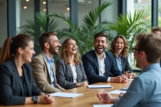 Séance de yoga du rire en open space pour le bien-être au travail