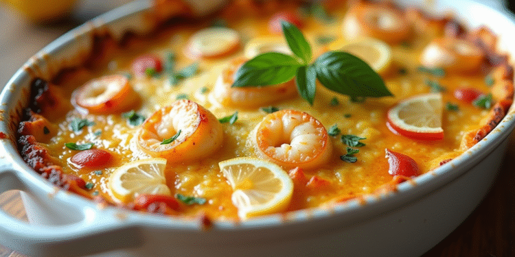 Gratin de fruits de mer avec béchamel et herbes fraîches