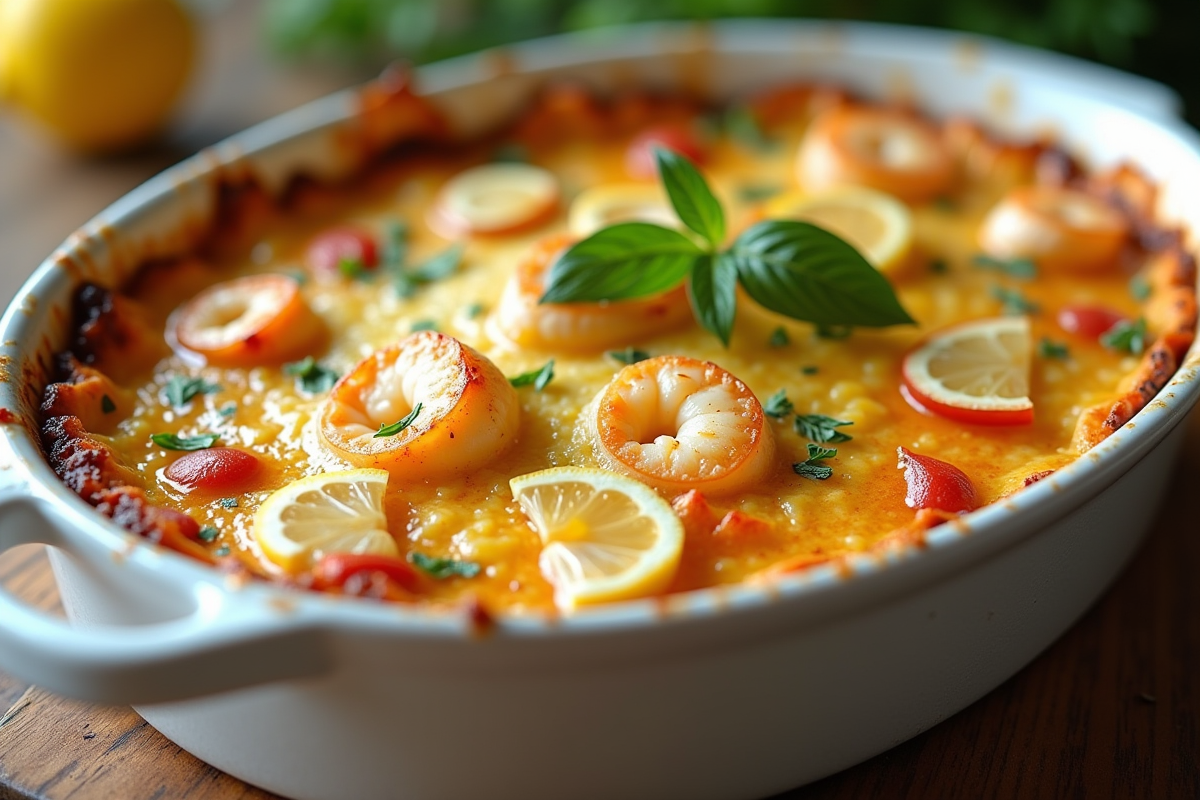 Gratin de fruits de mer avec béchamel et herbes fraîches