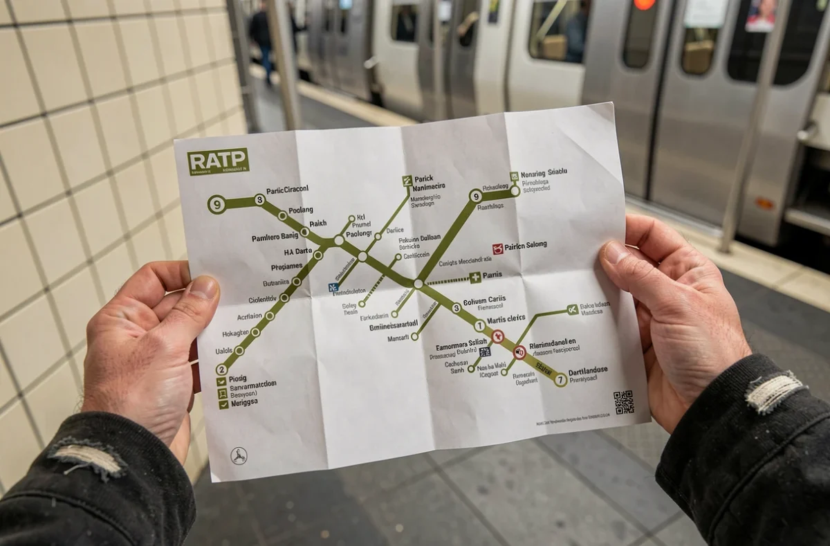 Gros plan d'un plan du métro RATP montrant la ligne 9 tenu par un passager sur le quai