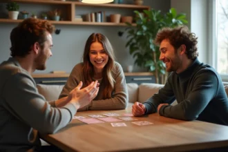 Groupe d'amis jouant à la belote dans une cuisine chaleureuse