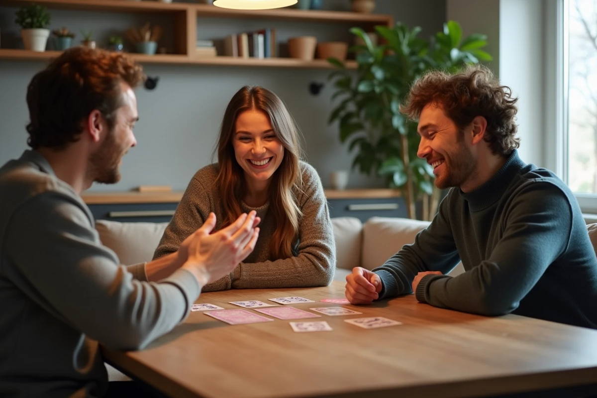 Groupe d'amis jouant à la belote dans une cuisine chaleureuse