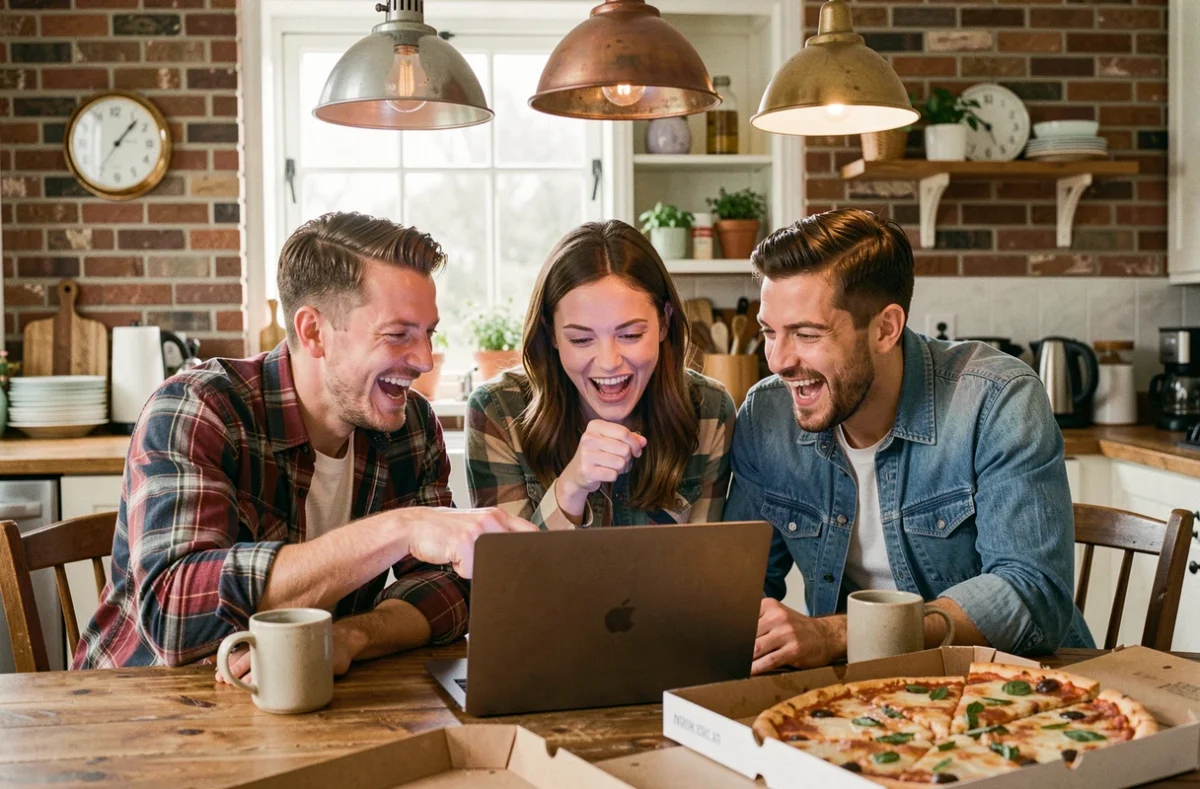 Groupe d'amis réunis pour regarder One Piece ensemble sans se faire spoiler dans une cuisine conviviale