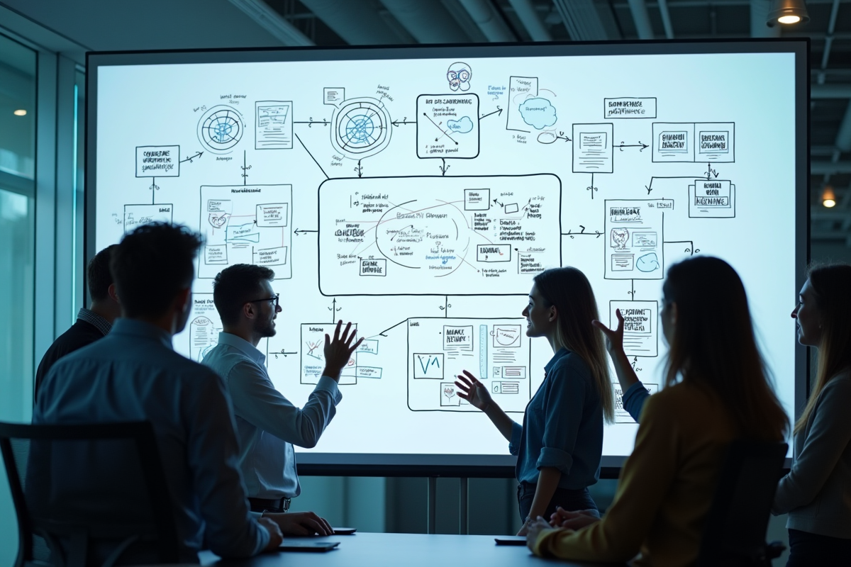 Groupe divers collaborant devant tableau blanc digital