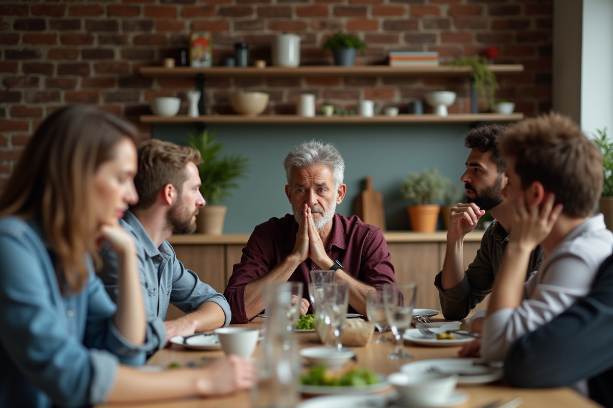 Groupe d'adultes en discussion dans une cuisine conviviale