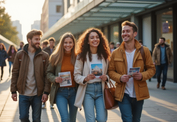Groupe divers souriant devant une centrale culturelle moderne