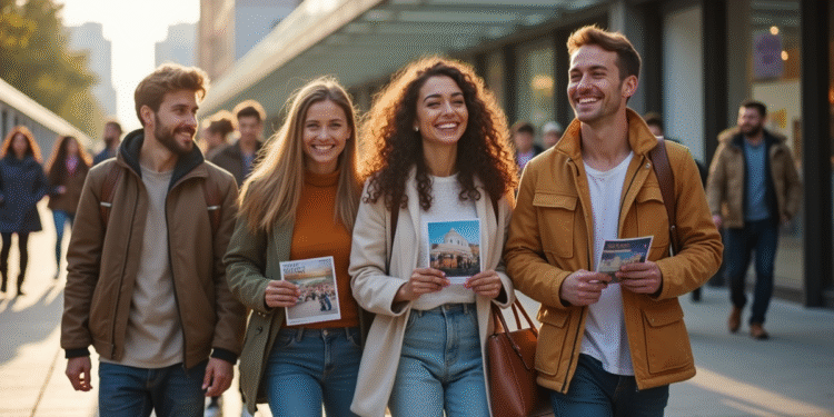 Groupe divers souriant devant une centrale culturelle moderne