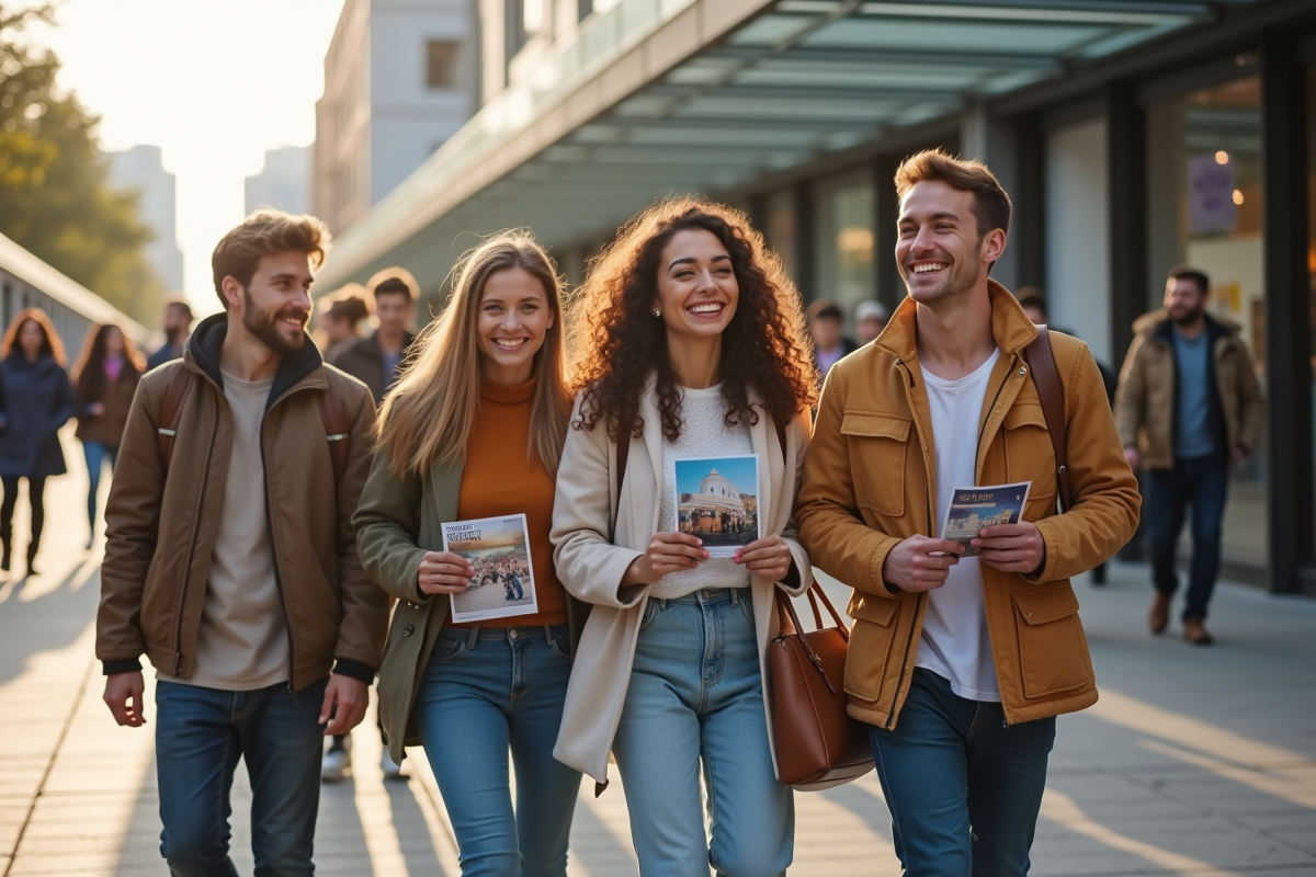 Groupe divers souriant devant une centrale culturelle moderne