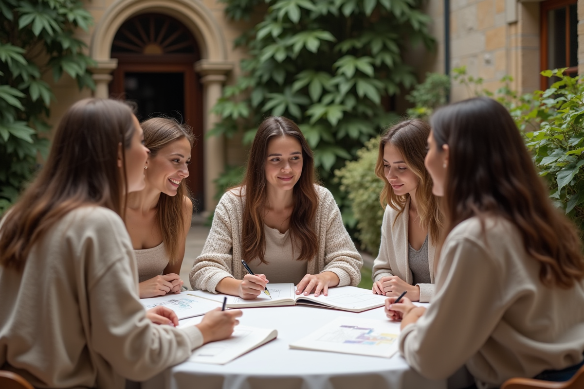 Groupe de femmes discutant autour d une table extérieure