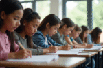 Groupe de jeunes adultes passant un examen en classe lumineuse