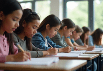 Groupe de jeunes adultes passant un examen en classe lumineuse