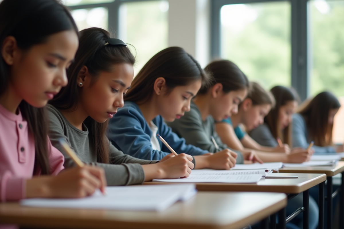 Groupe de jeunes adultes passant un examen en classe lumineuse