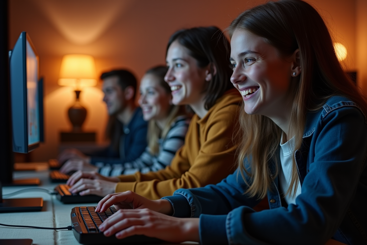 Jeunes jouant ensemble en ligne dans un salon chaleureux