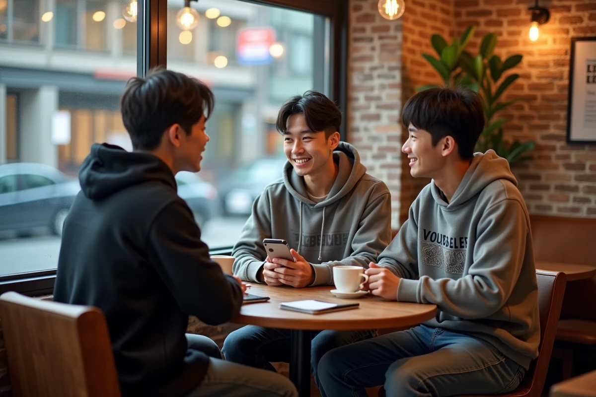 Trois membres du groupe kpop 3PIECE en tenue décontractée dans un café branché de Séoul en conversation naturelle