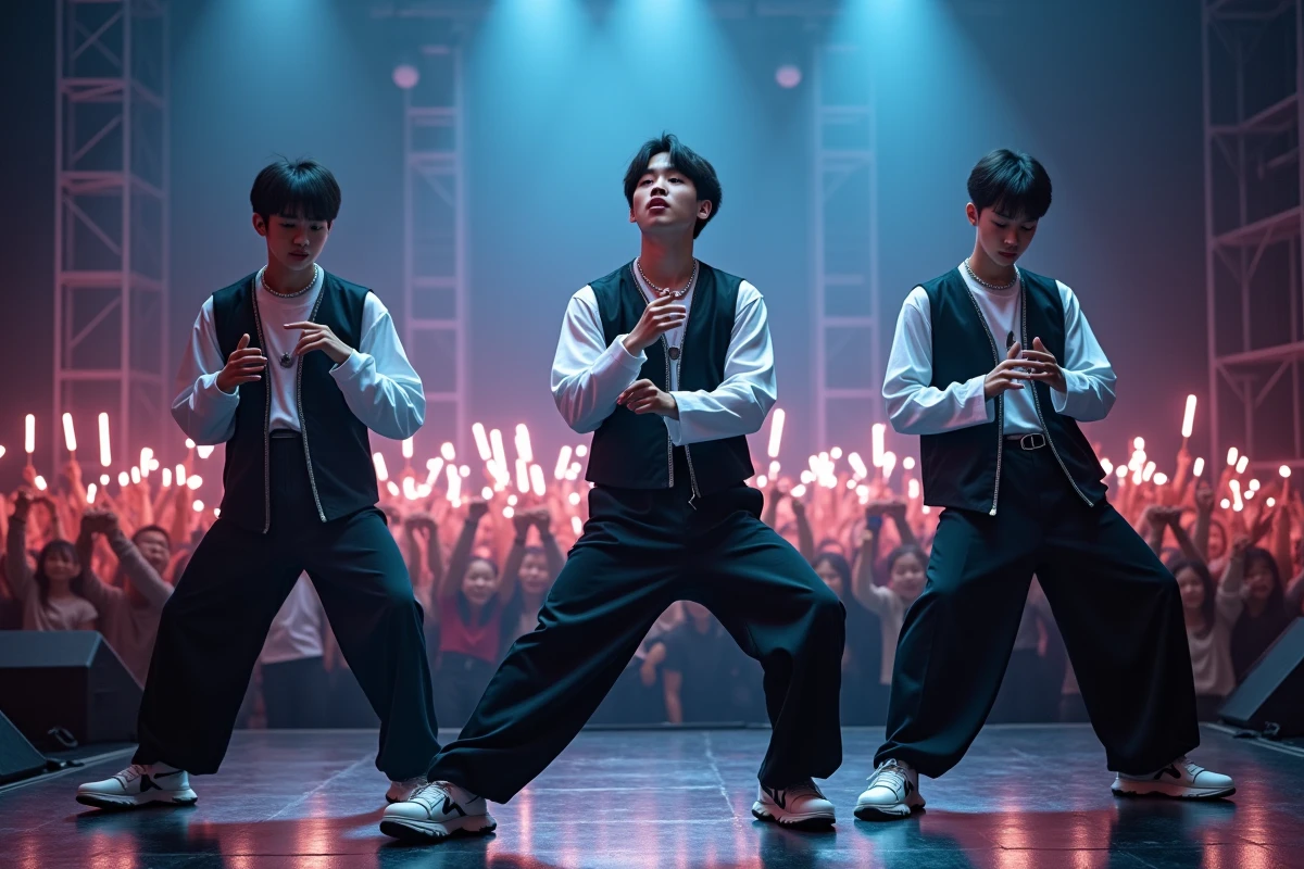 Groupe kpop 3PIECE sur scène lors d'un concert avec des fans tenant des bâtons lumineux en arrière-plan