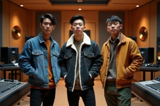 Trois jeunes hommes coréens en tenue streetwear dans un studio d'enregistrement moderne illustrant le groupe kpop 3PIECE