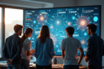 Groupe de personnes collaborant sur un écran numérique avec diagrammes neuronaux