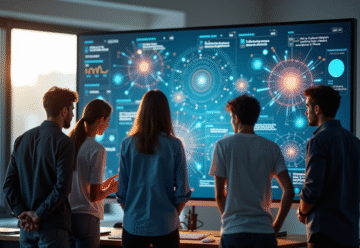 Groupe de personnes collaborant sur un écran numérique avec diagrammes neuronaux