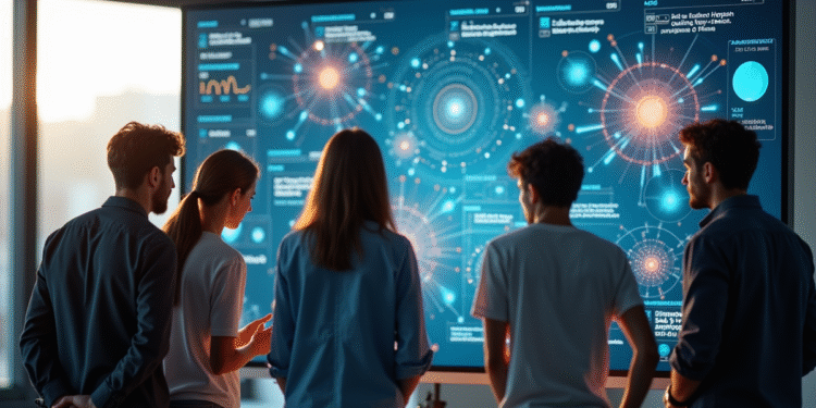 Groupe de personnes collaborant sur un écran numérique avec diagrammes neuronaux