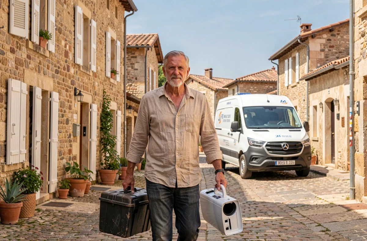 Technicien Habiague arrivant chez un client dans un village rural de Haute-Garonne avec son outillage