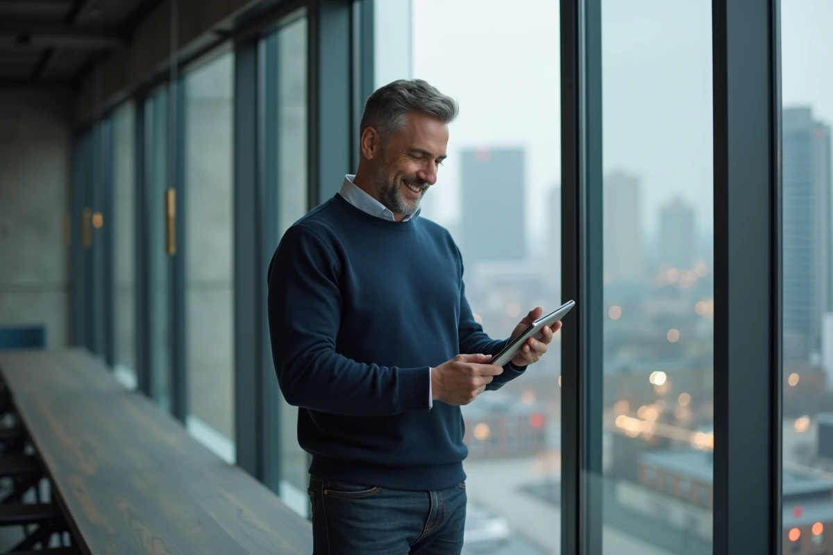Homme consultant ACTUTANA sur une tablette dans un espace de coworking contemporain face à la ville