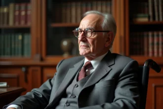 Homme âgé en costume gris dans un fauteuil en office