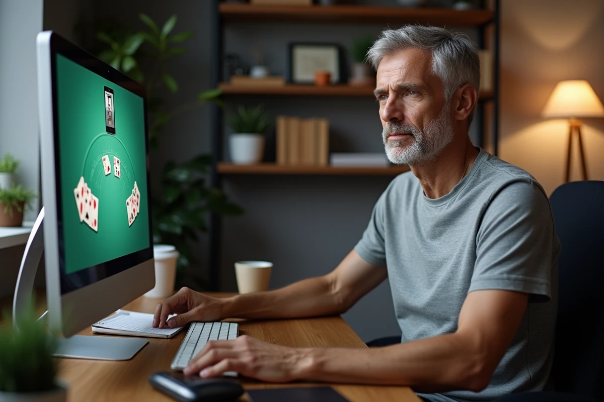 Homme d'une cinquantaine d'années jouant à la belote coinchée en ligne sur un ordinateur de bureau dans un bureau à domicile