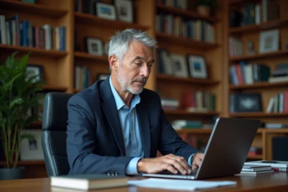 Homme d'âge moyen travaillant sur un ordinateur dans un bureau académique
