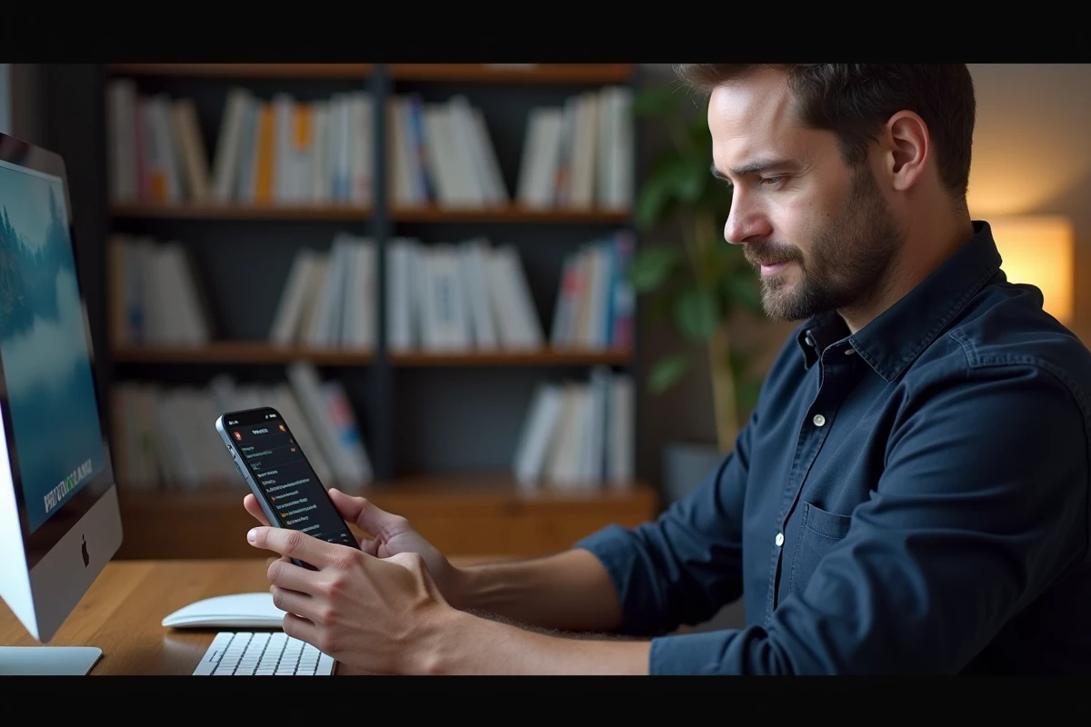 Homme accédant à un site de cinéma sur mobile depuis son bureau à domicile