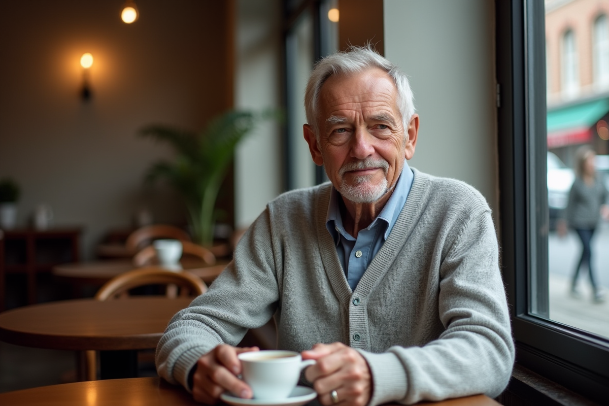 Homme âgé assis au café regardant par la fenêtre