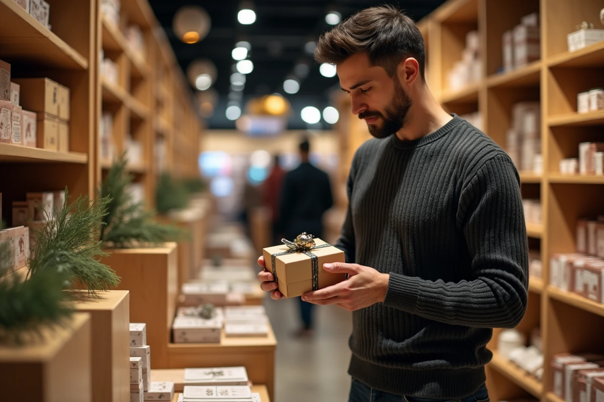 Homme choisissant un cadeau de Noël dans un magasin ouvert le dimanche 22 décembre