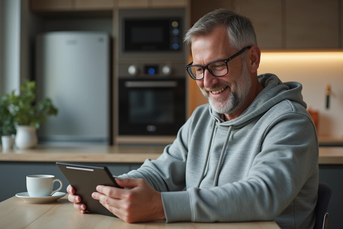 Homme lisant sur une tablette dans la cuisine moderne